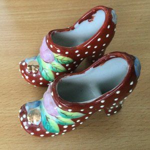 Pair of Vintage Ceramic Polka Dot Shoes Made in Japan high heel flowers mini 2"